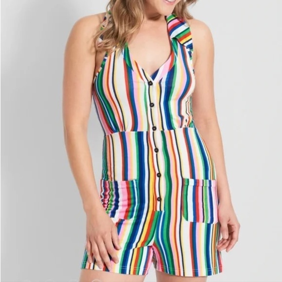 Modcloth Pants - Mod Cloth - Rainbow Stripe Button Down Halter Short Romper Size Medium